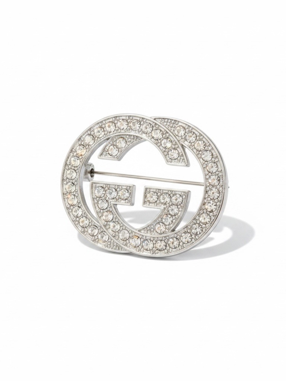 Designer double G Silvertone Crystal Interlocking Brooch stainless steel new